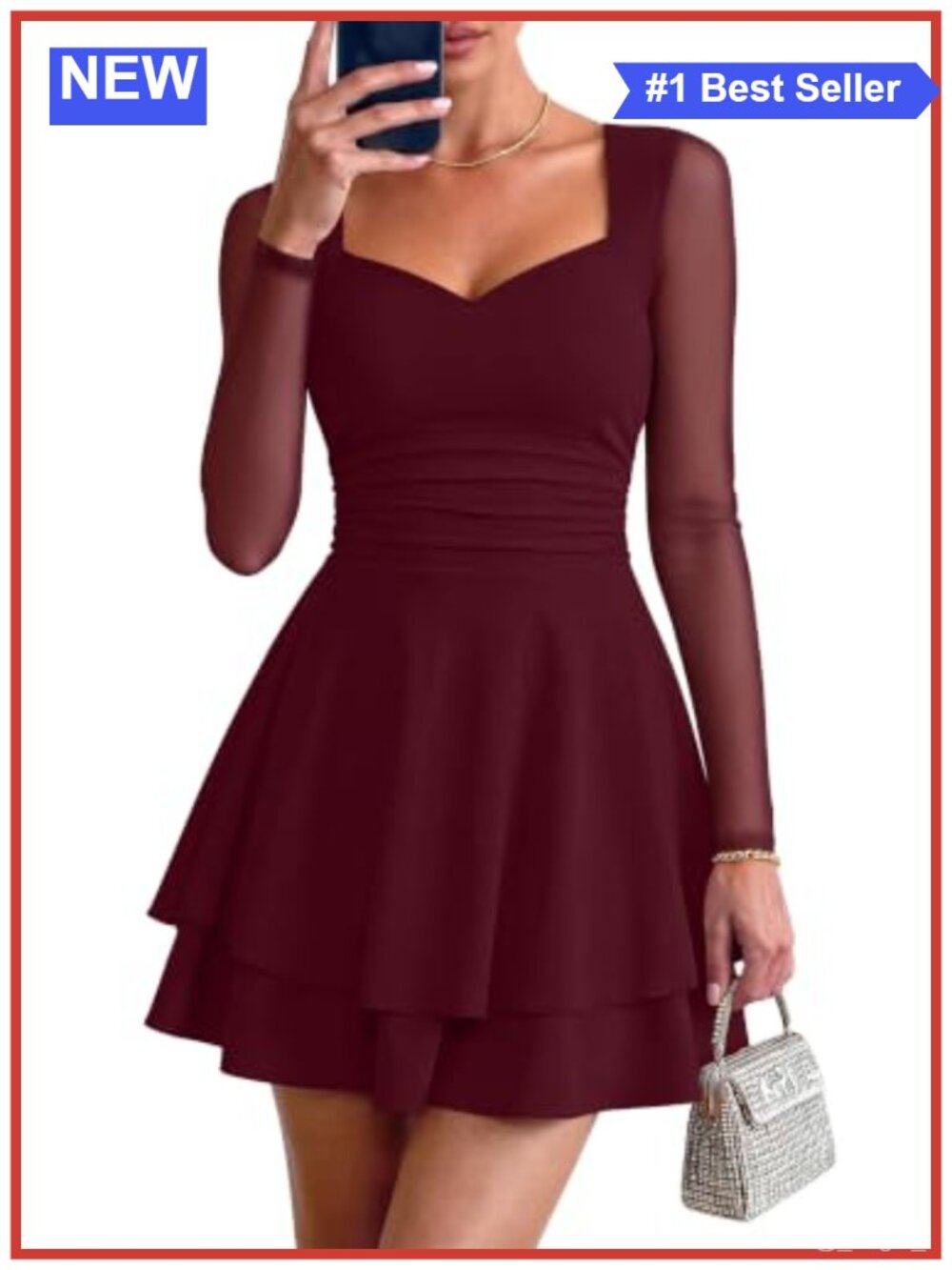 Women's Mesh Long Sleeve Square Neck Bodycon Party Mini Dress